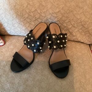 Black Women's High Heel Sandals with Pearl Accents